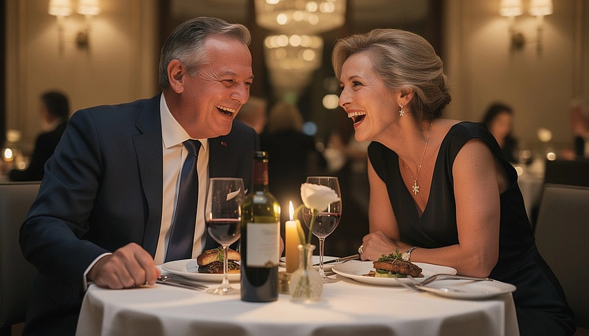 Couple having a sophisticated conversation, laughing subtly, elegant setting