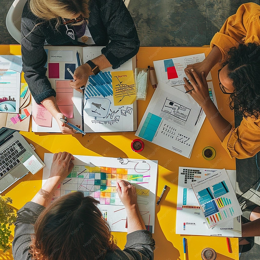 Teenager brainstorming business ideas, vibrant, creative, flat lay