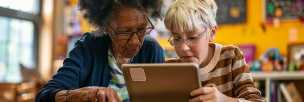 Teenager helping senior with tablet, friendly, home setting, warm light