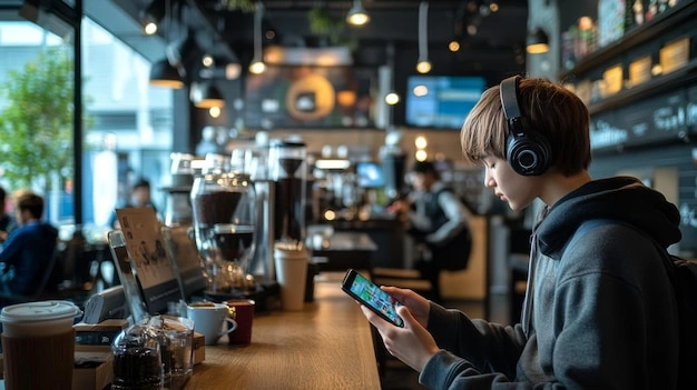 Teenager using phone, social media content creation, cafe background, modern aesthetic