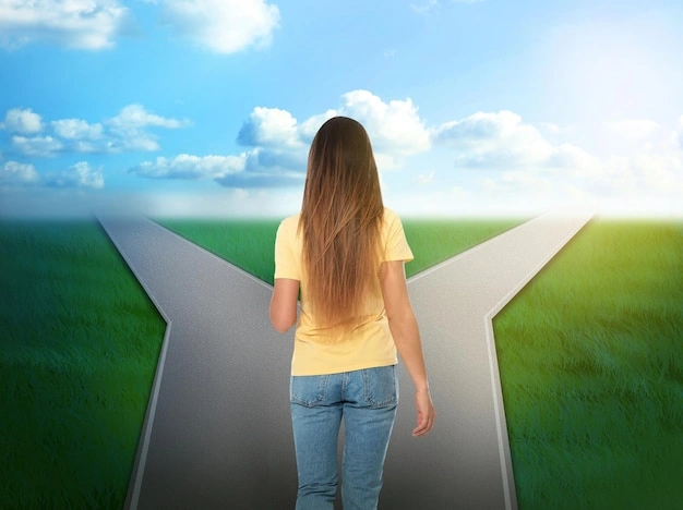 Girl standing at a crossroads, looking hesitant but hopeful