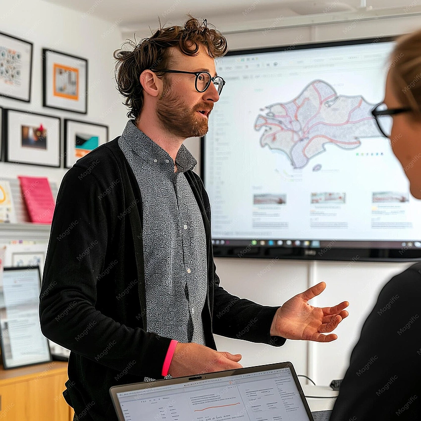 Creative person presenting a project board, modern office setting, Pexels photo