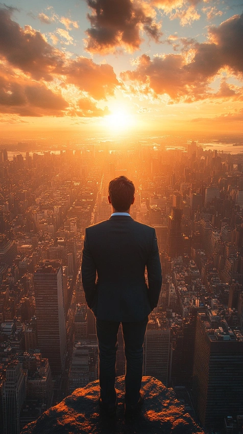 Person looking confidently at a cityscape, sunrise, Pexels photo