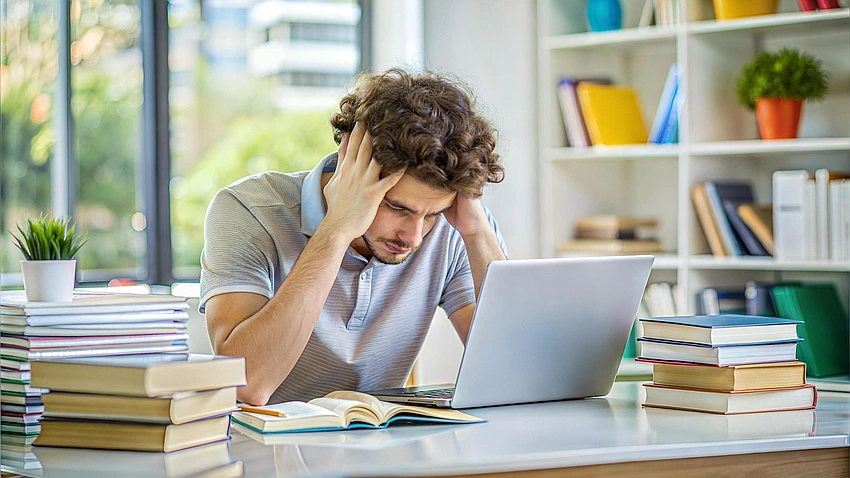 Person looking stressed at computer with craft supplies