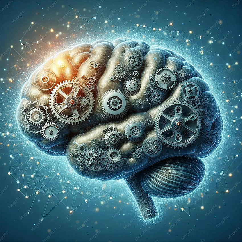 brain with gears, hormones graphic