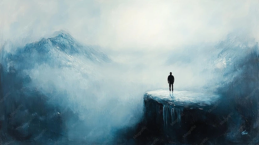 Lone figure in a vast, empty landscape, contemplating