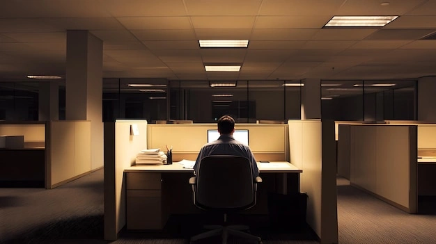 Person working alone in a dimly lit office, focused