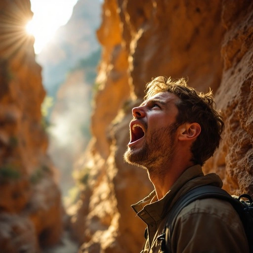 Person shouting into a canyon, small in frame