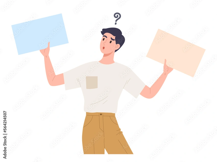 Person holding two similar items, looking confused
