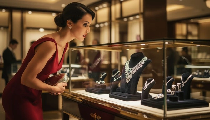 Woman admiring luxury items in a high-end store
