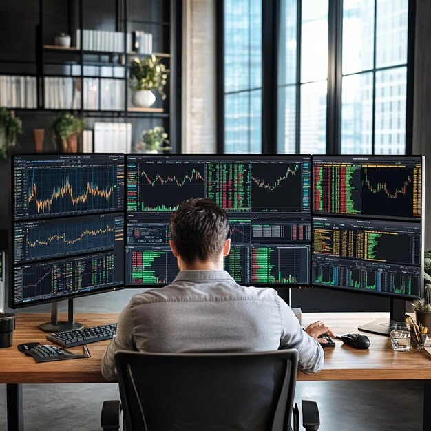 Person looking intently at stock market charts on multiple screens