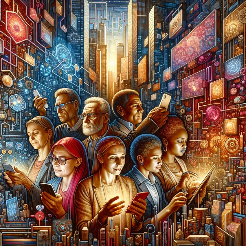 Person surrounded by new tech gadgets and reading about social causes