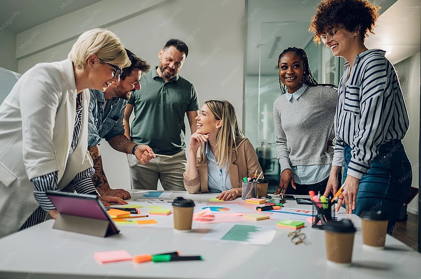 Diverse people collaborating, vibrant, positive energy, professional setting