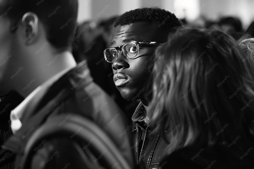 People looking away from each other in a crowded room, isolated