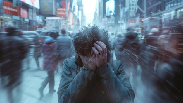 Person looking stressed, head in hands, surrounded by blurred urban noise