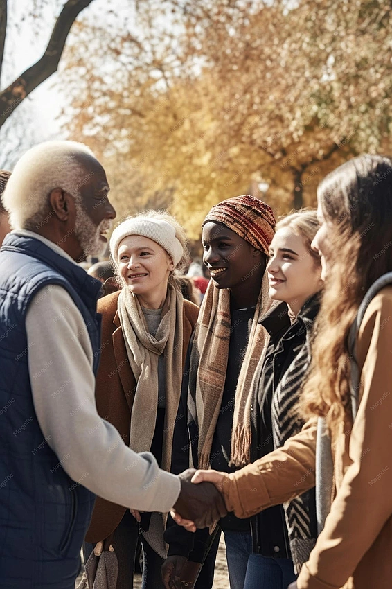 Two people smiling and shaking hands, diverse group