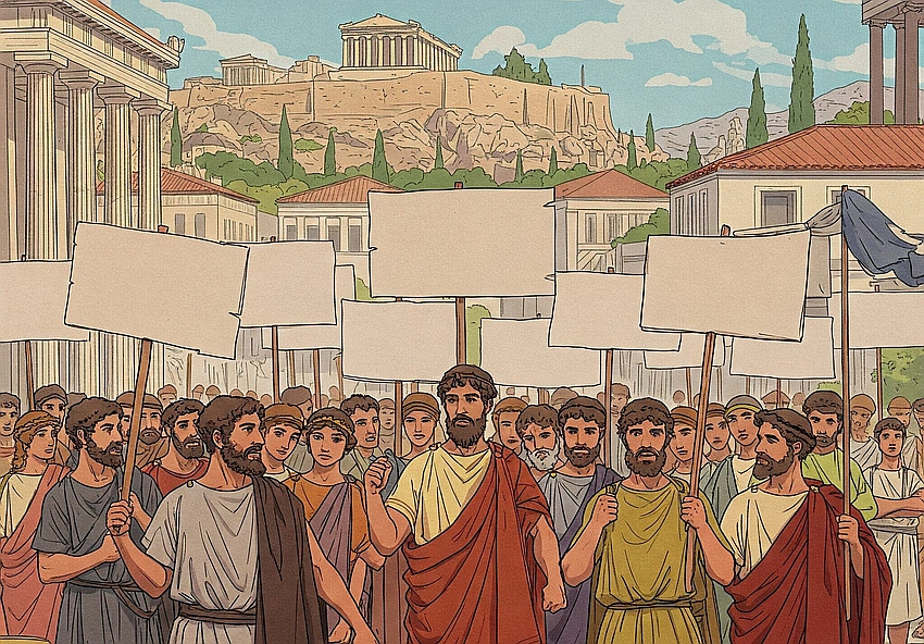 Digital protest ancient Greek art social media
Cover image search term: Ancient Greek hero silhouette against a modern film set, dramatic lighting painting style.