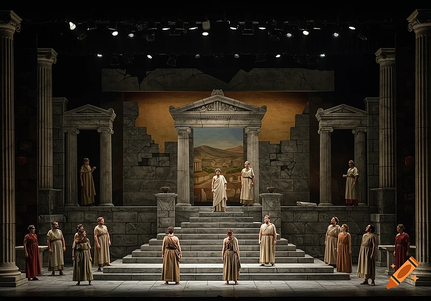 Diverse actors ancient Greek theatre stage