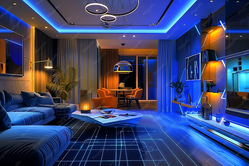 Brightly lit modern living room night