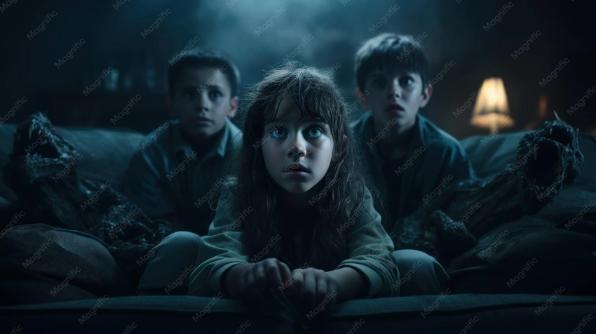 Teenager watching horror movie in dark room