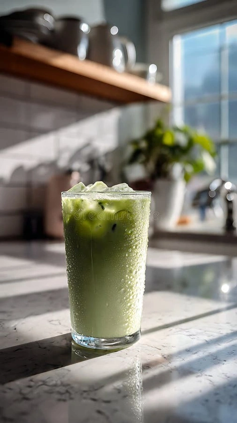 Aesthetic iced matcha latte home kitchen sunlight