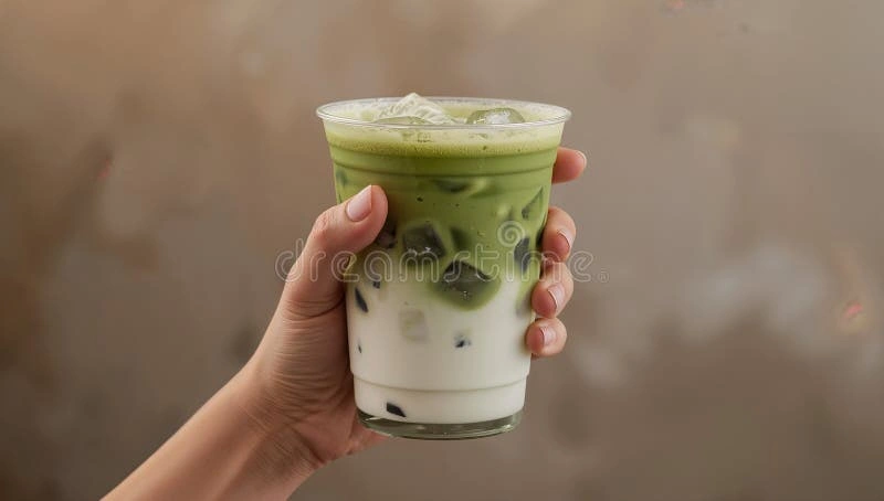 Hand holding iced matcha latte with visible layers, minimalist background