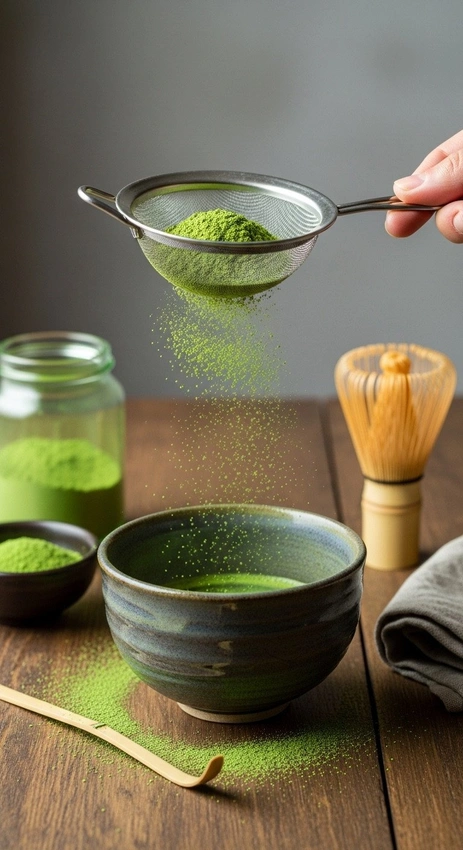 Sifting matcha powder close-up, bamboo whisk frothing matcha in chawan