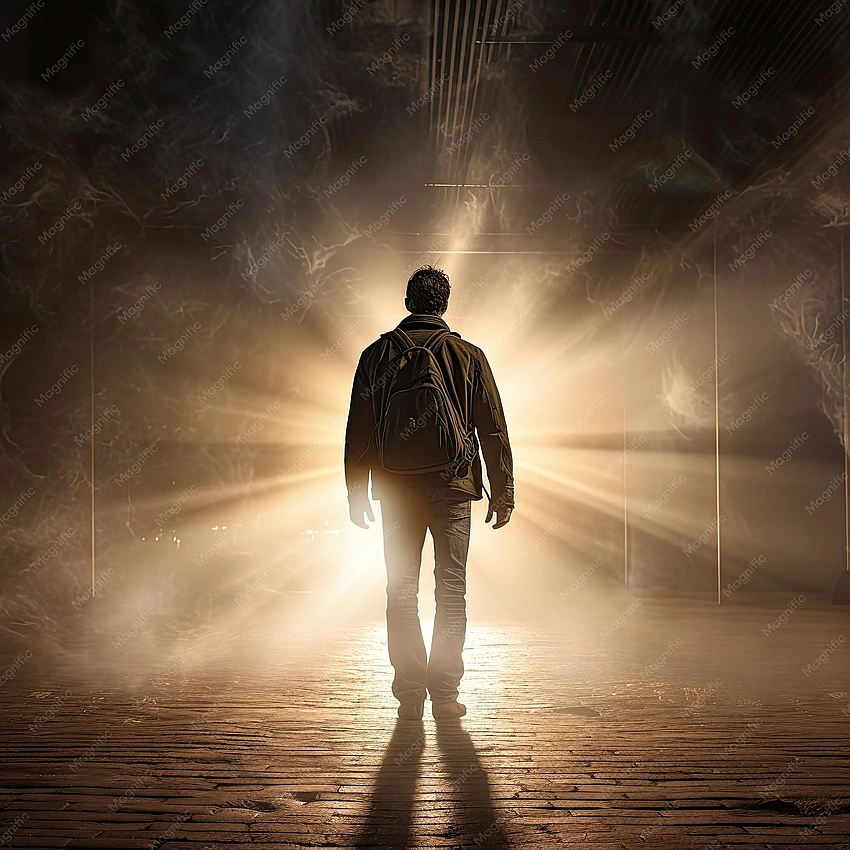 person walking away from a dimly lit office towards sunlight