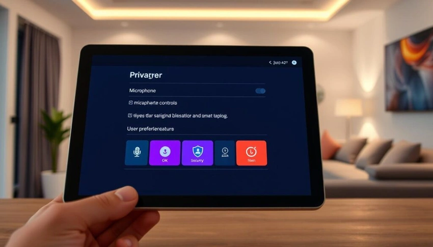 person adjusting privacy settings on tablet, smart home controls