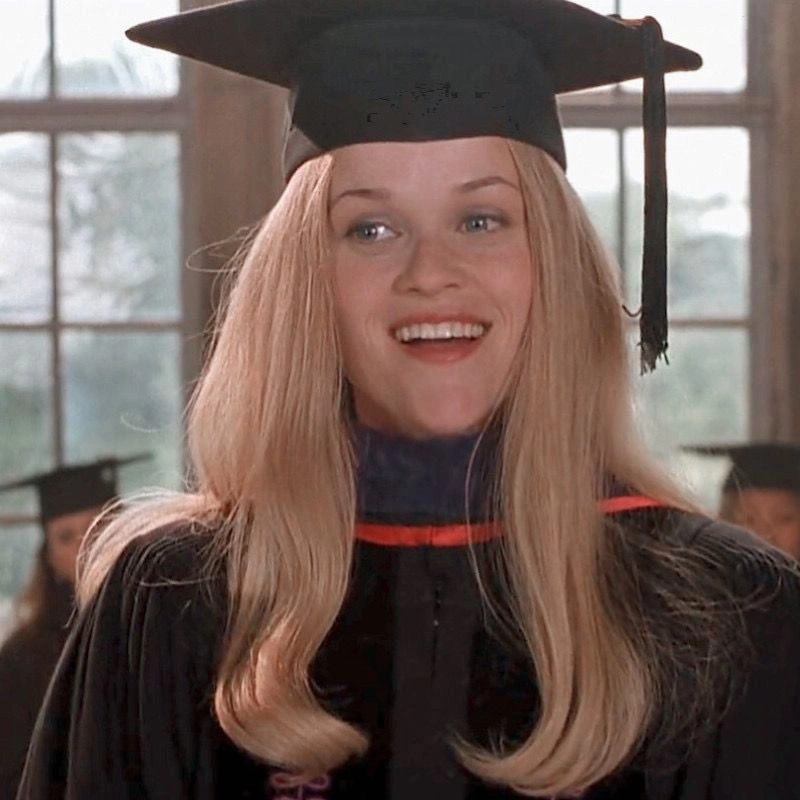 Elle Woods graduation cap pink
Cover image search term: Movie still of Reese Witherspoon as Elle Woods, confident pose in pink