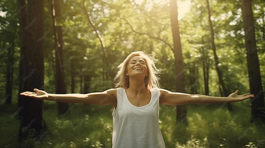 woman exhaling relief in nature