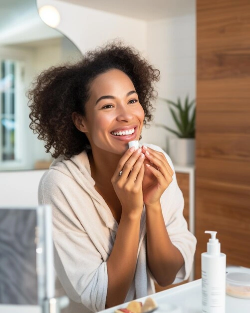 woman happily applying a single skincare product