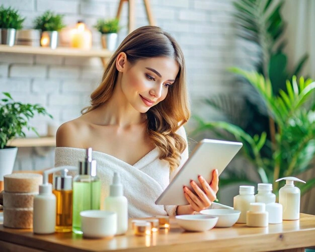 young woman calculating skincare budget with products around her
