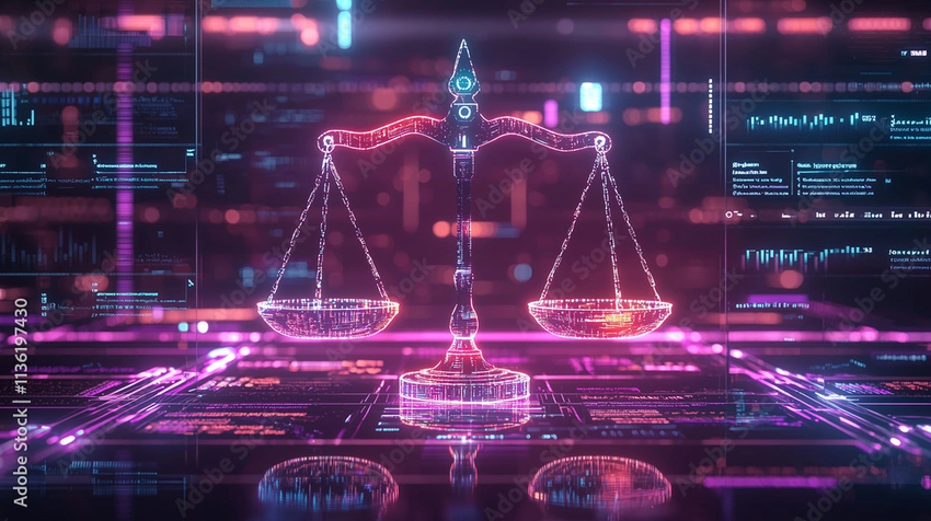 scales of justice digital, misinformation spreading illustration