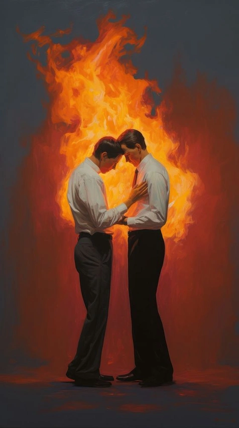 man making a grand romantic gesture, fire behind him