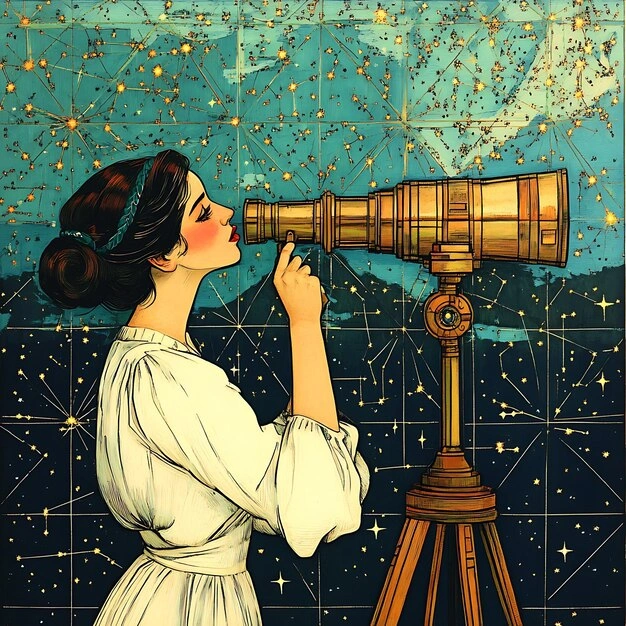 woman looking at a celestial map, romantic curiosity
