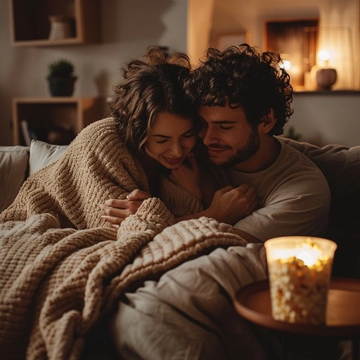 couple cozy on a couch, warm home setting