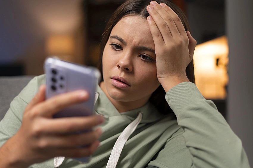 young woman looking stressed at her phone, friends whispering in background