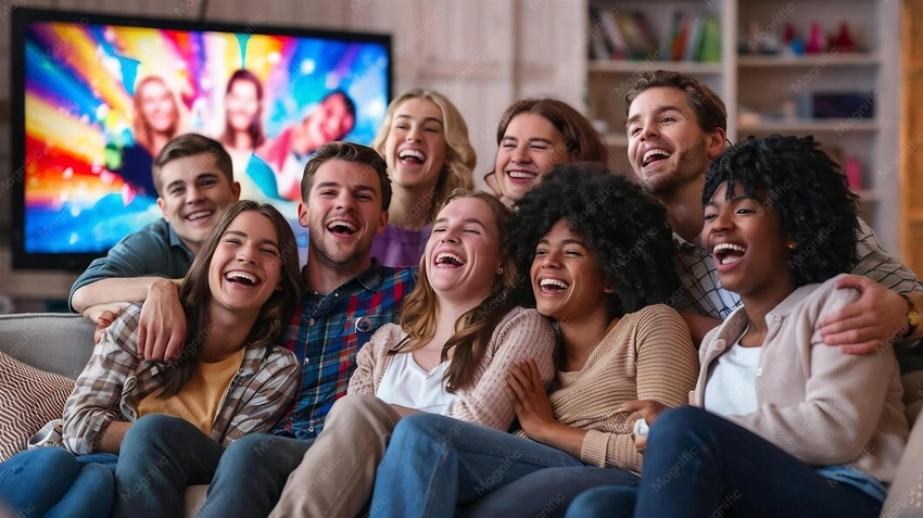 Person secretly smiling watching news
