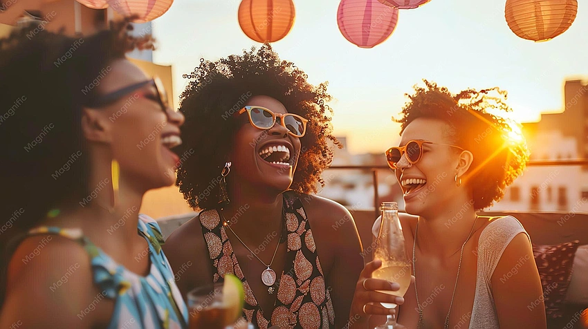 Group of diverse young women laughing on a rooftop at sunset, vibrant summer fashion