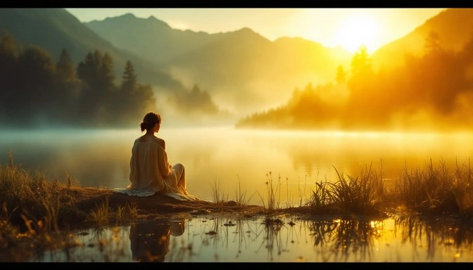 Woman meditating by a calm lake at sunrise, peaceful atmosphere