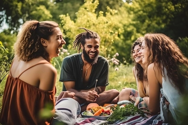 Group of friends having a stylish outdoor picnic, laughing and enjoying food