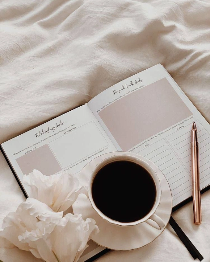 aesthetic flat lay journal, coffee, cozy vibes