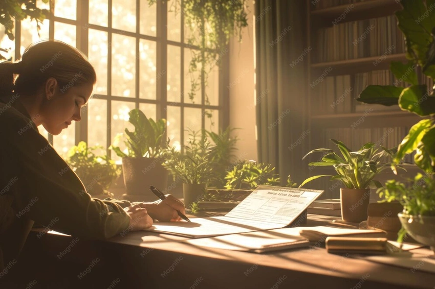 woman confidently writing in a stylish notebook, sunlit room