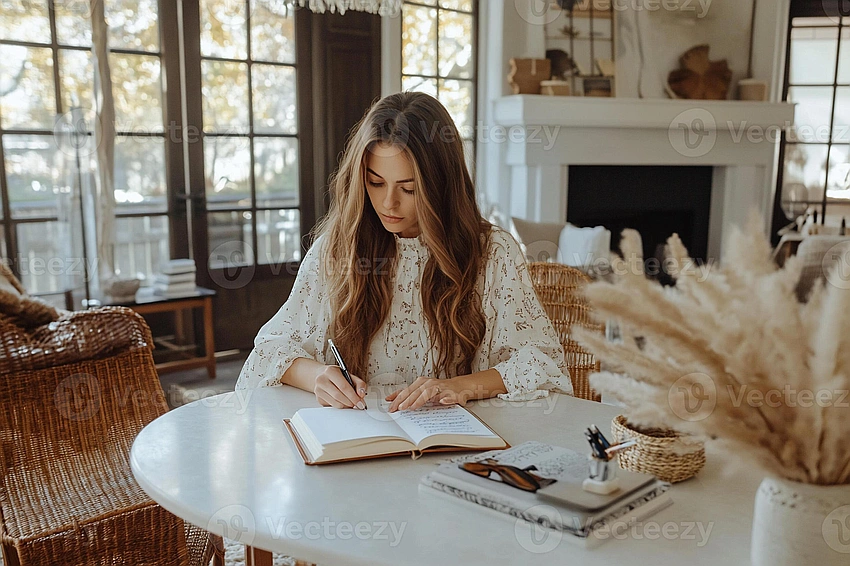 woman looking thoughtful writing in journal, chic home decor