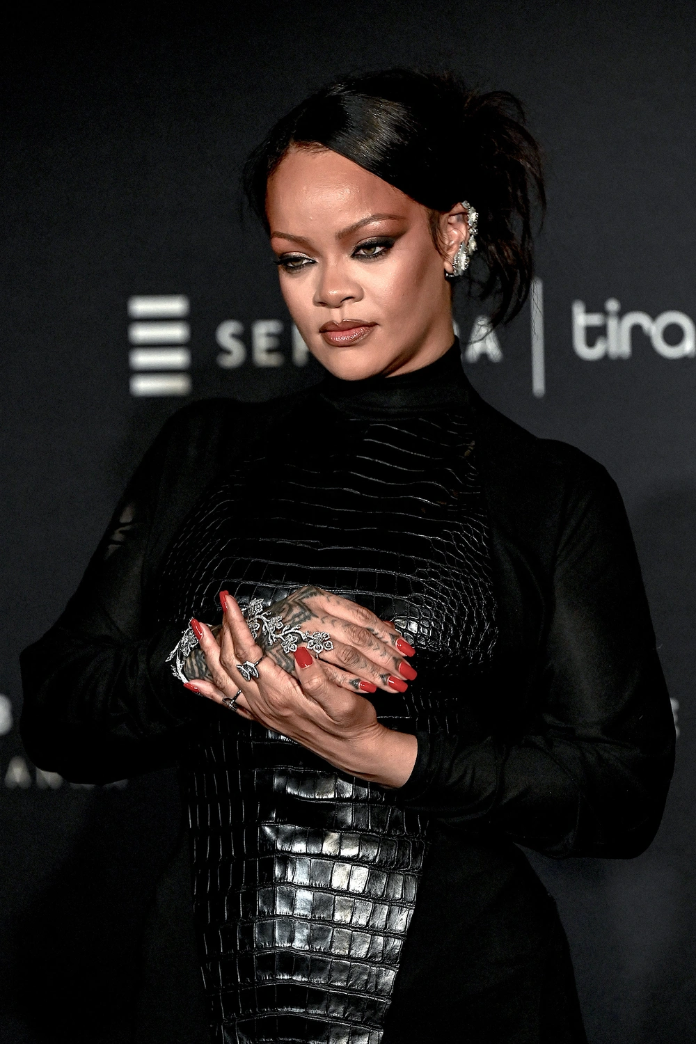 Rihanna Shines at Fenty Beauty Mumbai Launch in Chartreuse and Snakeskin