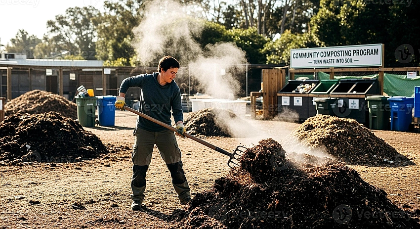person turning a compost pile with a fork