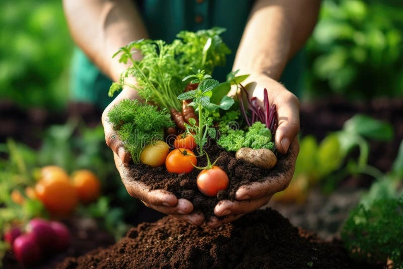 happy gardener holding rich compost