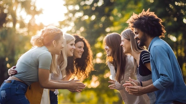 Group of happy diverse friends laughing, supportive friendship, positive vibes
Cover image search term: Pexels photo, two friends sitting on a bench, one looking away, sun setting, emotional tension.