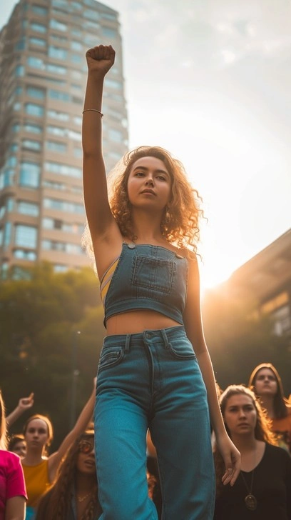 Empowered young woman, confident stance, walking away from conflict, sunny